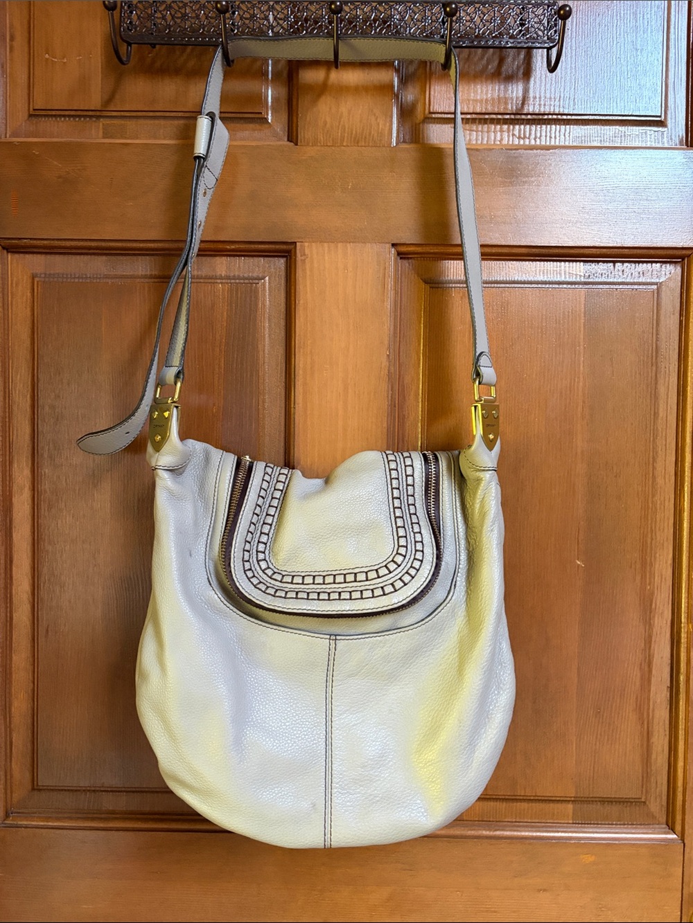 orYANY Cream Leather Shoulder Bag with Contrast Trim